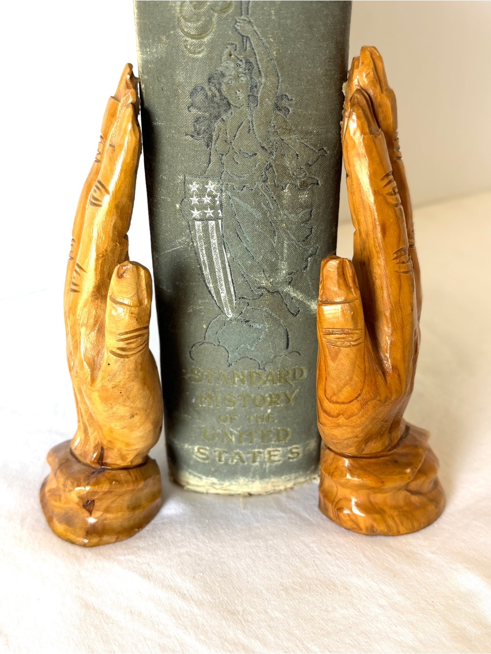 Hand Carved Ornate Olive Wood Praying Hands Made in Holy Land Vintage 1960's